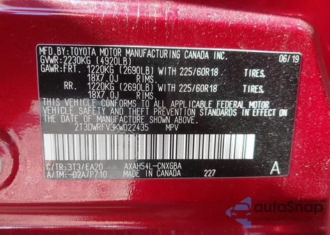 2019 Toyota Rav4 Hybrid Limited from USA, damaged, VIN 2T3DWRFV3KW022435